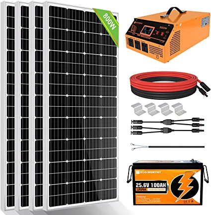 ECO-WORTHY 3.2KWH 800W Solar Panel Kit System for Home House: 4pcs 195W Solar Panels   1pc All-in-one Solar Charger Inverter   1pc 25.6V 100Ah Lithium Battery