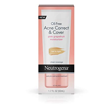 Neutrogena Oil-Free Acne-Fighting Correct & Cover Lightweight Daily Facial Moisturizer with Salicylic Acid Acne Medicine, Light Pink Grapefruit Scent, Medium to Tan Shade, 1.7 fl. oz