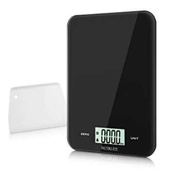 Digital Kitchen Scale with Dough Scraper, NUTRI FIT Overweight Food Scale 17.6lb, 8kg,Large Display,Easy to Clean,Tempered Glass, Ultra Slim(Black)