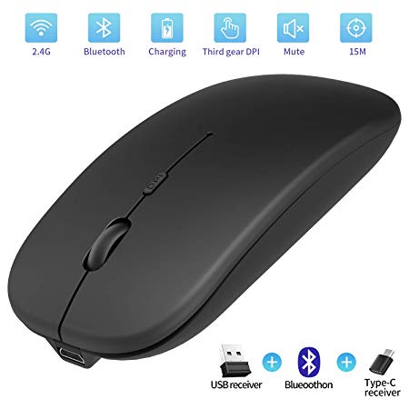 Rechargeable 2.4GHz Wireless Bluetooth Mouse, Slim Noiseless Optical Wireless Mouse with Bluetooth, USB or Type C Connection Compatible with Notebook, PC, Laptop, Computer, MacBook (Black)