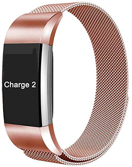 Replacement Metal Bands for Fitbit Charge 2-Stainless Steel Bracelet with Magnet Clasp, Smart Wristband Accessories, Rose Pink/5.5''– 8.6"