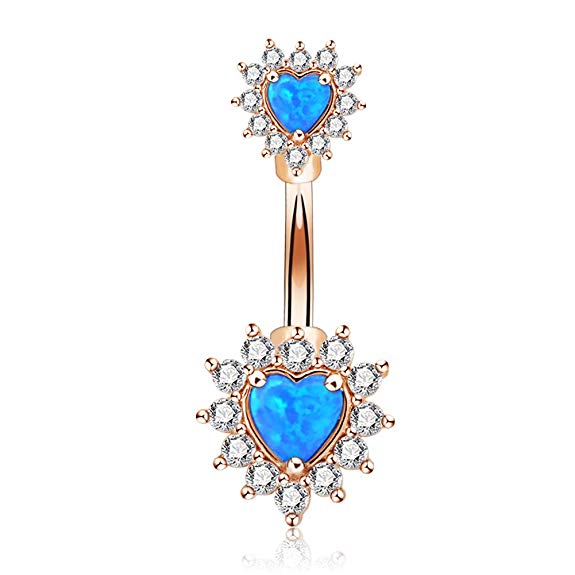 OUFER 14G Double Heart Opal Center CZ filigree Belly Button Rings 316L Surgical Steel Navel Rings Belly Piercing