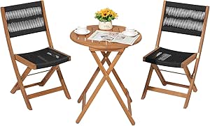 OC Orange-Casual 3 Piece Acacia Patio Bistro Set, Outdoor Compact Wood Table and Chairs Set of 2 for Apartment Balcony Front Porch Deck Yard, Black