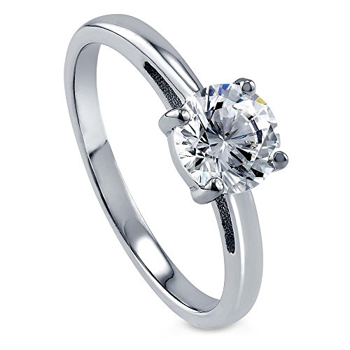 BERRICLE Rhodium Plated Sterling Silver Cubic Zirconia CZ Solitaire Promise Engagement Ring