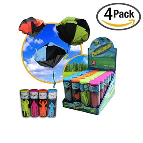4 Pack Tangle Free Throwing Toy Parachute Man with Large 20" Parachutes! Blue, Orange, Pink and Yellow