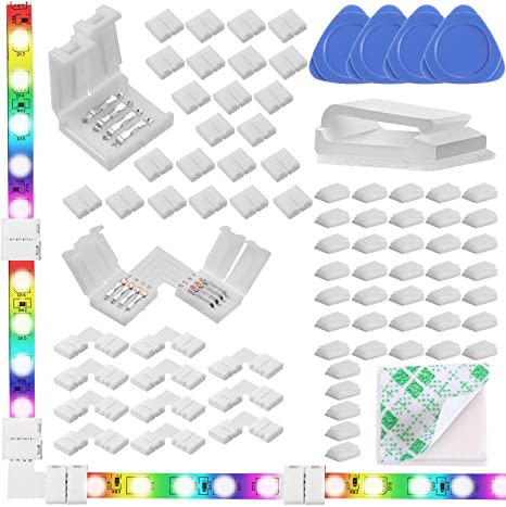 80 Pieces LED Light Strip Connectors Kit for 10 mm Unwired SMD 5050, with 4 Pin RGB Lights Strips 24 Gapless Connectors 12 L-Shape Connectors 40 Wire Clips 4 Triangular Plates