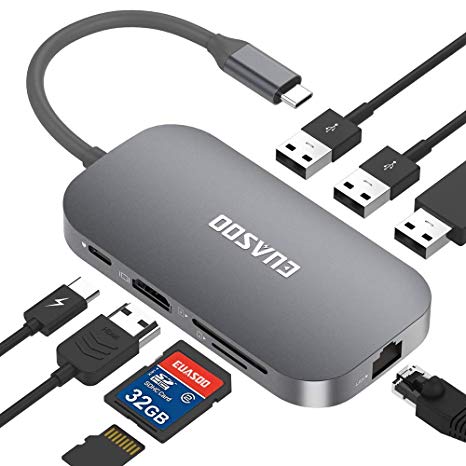 EUASOO USB C Hub, 8-in-1 Type C Hub with Ethernet Port, 4K USB C to HDMI, 2 USB 3.0 Ports, 1 USB 2.0 Port, SD/TF Card Reader, USB-C Power Delivery for Type C Laptops (Grey) (Grey)