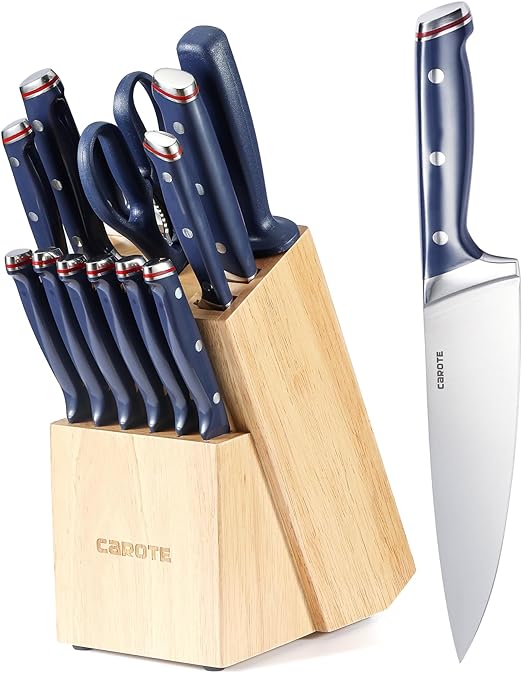 CAROTE 14 Pieces Knife Set with Wooden Block High Carbon Stainless Steel Knives Dishwasher Safe with Sharp Blade Ergonomic Handle Forged Triple Rivet-Indigo