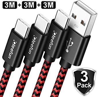CLEEFUN USB Type C Cable, 3-Pack [3m/10ft] USB C Charger Fast Charging Cable for Samsung Galaxy S9 S10 S9  S10  S8 S8  Note 8 Note 9, LG G6 G5, Moto G6, Sony Xperia XZ, HTC 10/U11, Nylon Braided