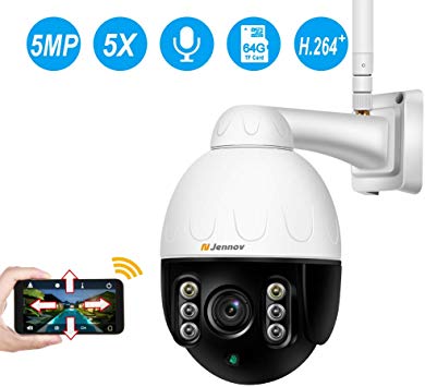 Jennov Wireless WiFi Security Camera IP PTZ Camera Outdoor Waterproof HD 5MP Home CCTV Surveillance Pan/Tilt 5X Optical Zoom Two-Way Audio Motion Detection Siren Alarm with 64G Micro SD Card