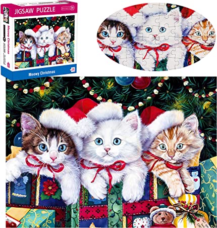 100 Piece Puzzles for Kids Ages 4-8, Funny Meowy Christmas Puzzles, 100 Piece Jigsaw Puzzle for Kids Ages 3-5, Kids Puzzles Ages 6-8, Educational Toys Christmas Jigsaw Puzzles (15in x 10in)