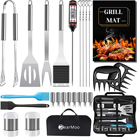 BBQ Grill Accessories Tools Set, BearMoo 25 PCS Stainless Steel Grill Utensils Set with Portable Bag, Meat Thermometer, Grill Mats & Brushes for Camping Barbecue, Grill Outdoor & Indoor, Smoker & Party