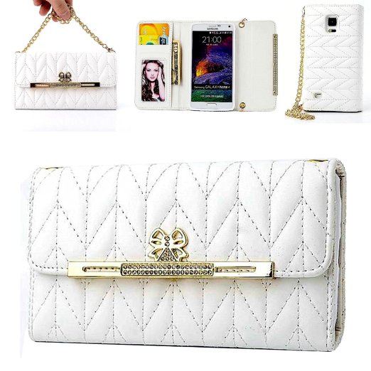 Galaxy Note 4 caseCASY MALL Elegant Purse Handbag Case Leather Wallet Cover with Wrist Strap and Crossbody Chain for Samsung Galaxy Note 4 White