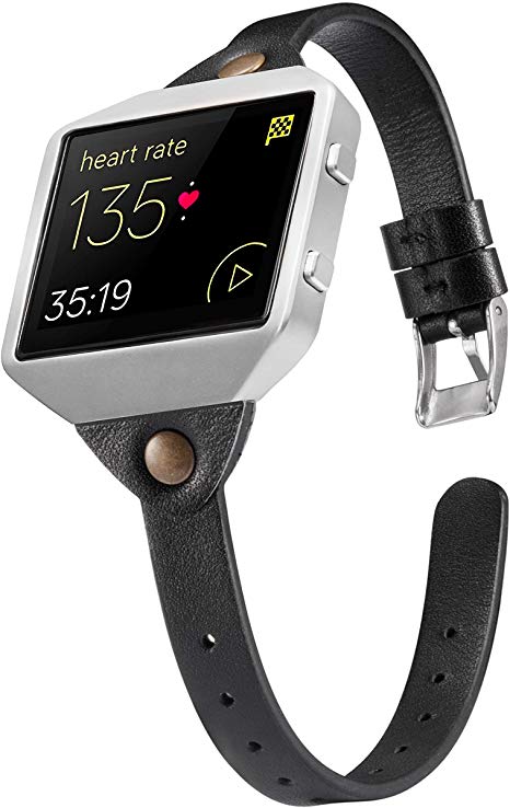 Wearlizer Compatible for with Fitbit Blaze Band Leather New Metal Frame Classic Genuine Leather Wristband Strap Accessory Fit bit Blaze T Type Floral (Black.)