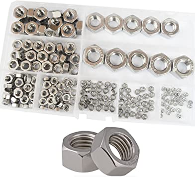 Hex Nuts Metric Thread Hexagon Coarse Nut Silver Tone Standard Fastener Hardware 210Pcs M2 M2.5 M3 M4 M5 M6 M8 M10 M12 Assortment Kit Set Box 304 Stainless Steel