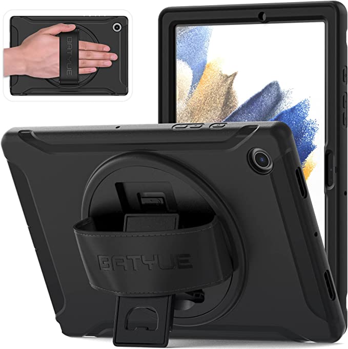 BATYUE Samsung Galaxy Tab A8 10.5" inch Case 2022，Heavy Duty Rugged Shockproof Protective Case with Hand Strap Rotating Kickstand for Tab A8 SM-X200/X205/X207 (Black)