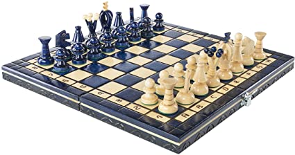 Wooden Chess Set Paris Blueberry Wooden International Board Vintage Carved Pieces - 14"