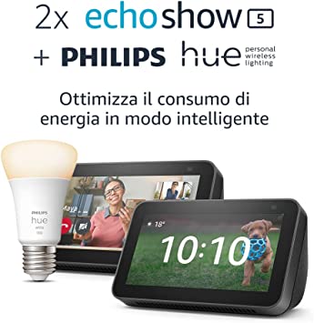 Kit Casa Intelligente: 2 dispositivi Echo Show 5 (2ª generazione, modello 2021), Antracite   Philips Hue White Lampadina | La tua Casa diventa più Intelligente, per ottimizzare il consumo energetico