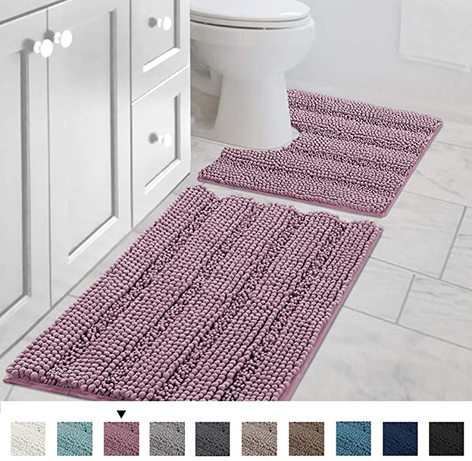 Bathroom Rugs Luxury Chenille 2 Piece Mats, Soft Plush Striped 32''x20'' Bath Rug   20''x20'' Toilet Mat Microfiber Shaggy Carpet, Super Absorbent Mats, Machine Washable (Mauve)