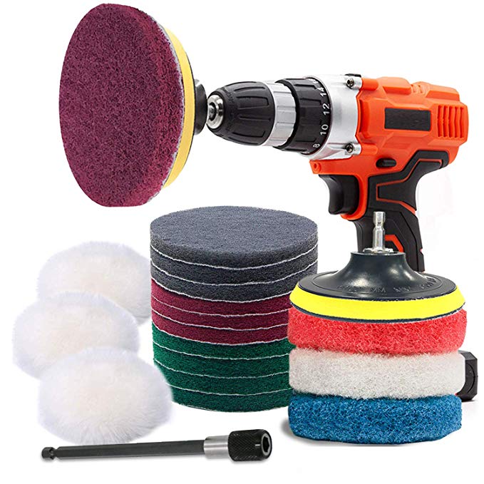 GOH DODD Power Scrub Pads Drill Attachment, 20 Pieces 4 Inch Cleaning Kit Scouring Pads with Baker and Universal Shaft Great for Kitchen, Bathroom, Auto, Grout, Carpet, Shower, Tub, Grill,Tile