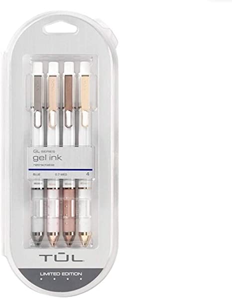 TUL Retractable Gel Pens, Limited Edition, Sunset Shades, Medium Point, 0.7 mm, Pearl White Barrel, Blue Ink, Pack of 4