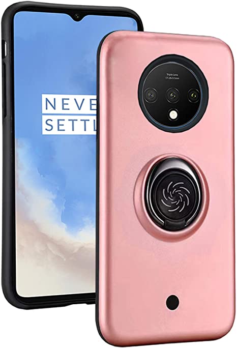 OnePlus 7T Case, Funny Rotating Gyro [360 ° Ring Kickstand] Decompression Button [Dual Shockproof] Stress Relief Protection Cover Compatible with OnePlus 7T (Rose Gold, 1 7T)