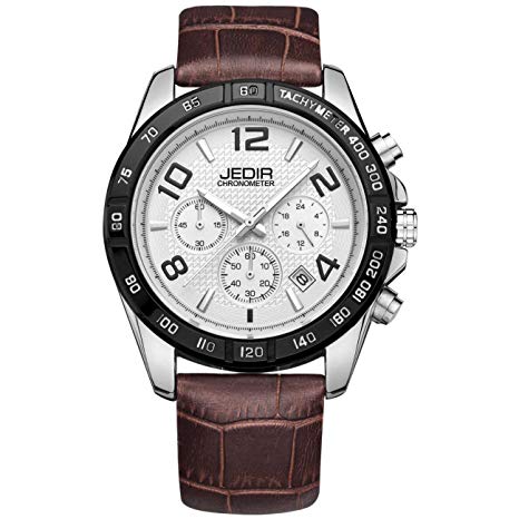JEDIR Men's Chronograph Quartz Wrist Watch Analog Dial with Date Calendar Soft Leather Band