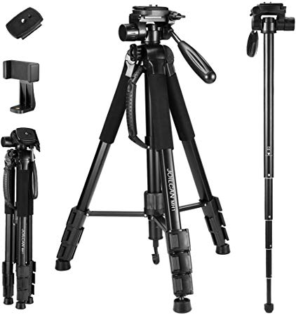 72-Inch Camera Tripod, Aluminum Tripod & Monopod for DSLR Cameras, Phone Mount for Smartphones with 2 Quick Release Plates and Convenient Carrying Case Ideal for Travel and Work - MH1 Black