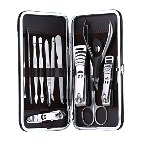 Abody 12pcs Manicure Pedicure Set Nail Scissors Nail Clippers Kit with Leather Case Brown