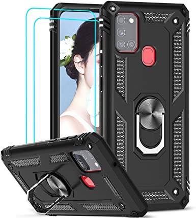 LeYi Case for Samsung Galaxy A21s Phone Case with Screen Protector Tempered Glass, Ring Kickstand for Men Military Bumper Hard TPU Shockproof Full Body Silicone Protective Cover Samsung A21s Black