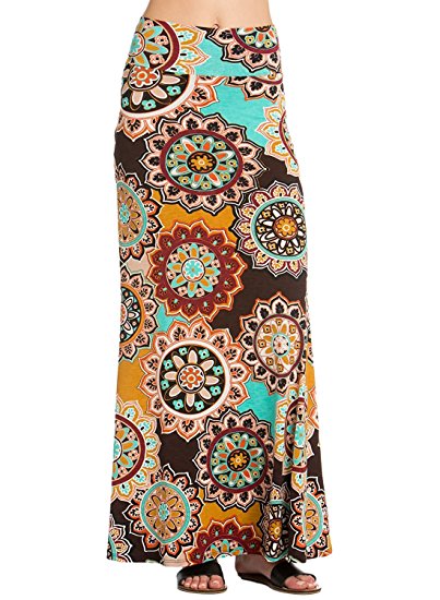 FIYOTE Women Boho Printed Casual High Waisted Beach Long Maxi Skirts (10 Colors for Choice)
