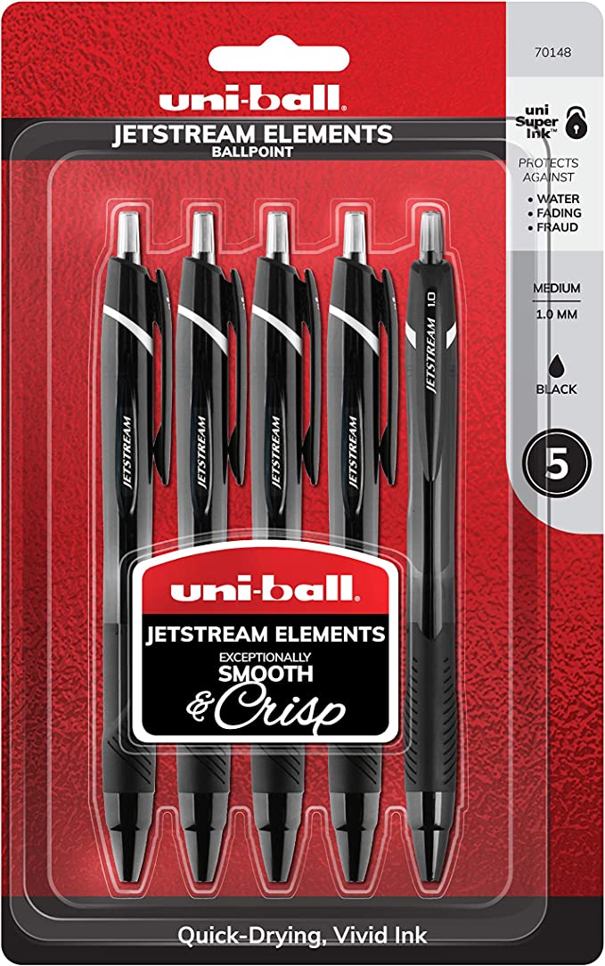 uni-ball Jetstream Elements Retractable Ballpoint Pen 5 Pack in Black with 1.0mm Medium Point Pen Tips, Uni-Super Ink is Smooth, Vibrant, and Protects Against Water, Fading, and Fraud