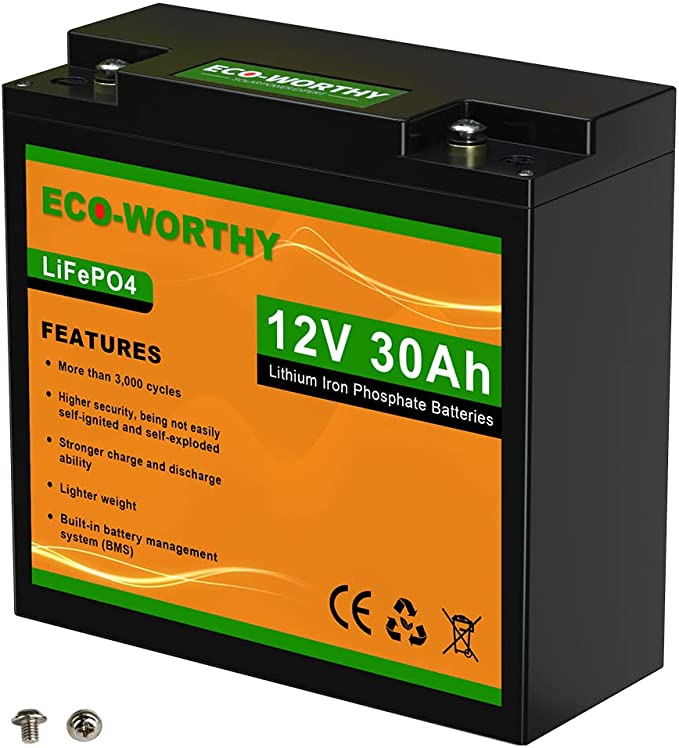 ECO-WORTHY 12V Lithium Battery, 30Ah Rechargeable LiFePO4 Lithium Ion Phosphate Deep Cycle Battery with BMS Protection for Trolling Motor, Marine, Kids Scooters, Power Wheels, RV