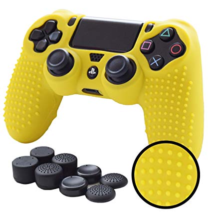 PS4 Controller Grips,Pandaren Studded Anti-Slip Silicone Cover Skin Set Compatible for PS4 /Slim/PRO Controller(Yellow Controller Skin x 1   FPS PRO Thumb Grips x 8)