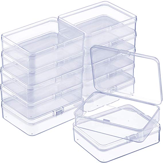 SATINIOR 12 Pack Small Rectangle Clear Plastic Containers Box with Hinged Lid Bead Storage Box Case (4.45 x 3.3 x 1.18 Inch)