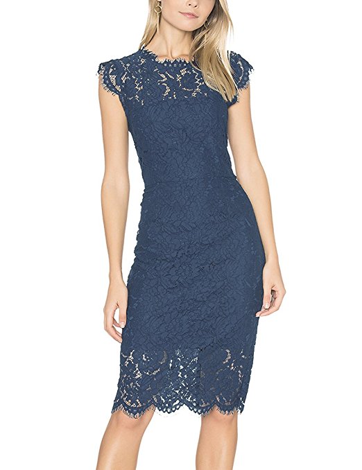 Women's Sleeveless Lace Floral Elegant Cocktail Dress Crew Neck Knee Length for Party