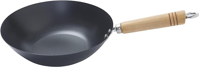 Penguin Home Carbon Steel Non Stick Wok with Sturdy Wooden Handle | 27cm Wide | Chinese Traditional Wok | Stir Fry at High Temperature | Flat Base for Balance | Induction Safe, Black