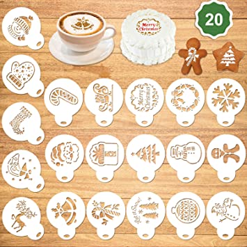 Konsait 20Pack Christmas Cake Stencil Templates Decoration, Reusable Christmas Cake Cookies Baking Painting Mold Tools, Dessert, Coffee Decorating Molds