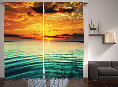 Ambesonne Ocean Decor Collection, Sunset at a Bay with a Small Boat at a Distance Tranquil Sea Surges Slightly Photography, Living Room Bedroom Curtain 2 Panels Set, 108 X 84 Inches, Dark Cyan Orange