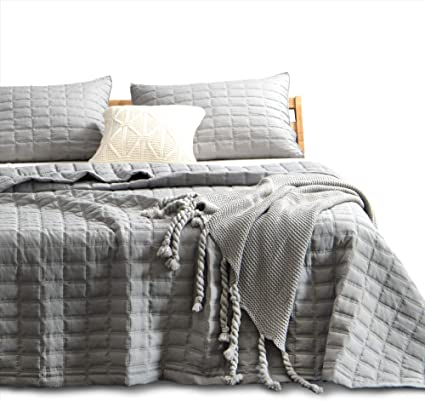 KASENTEX Quilt-Bedding-Coverlet-Blanket-Set, Machine Washable, Ultra Soft, Lightweight, Stone-Washed, Detailed Stitching - Solid Color (Dark Grey, Oversized Queen   2 Shams)