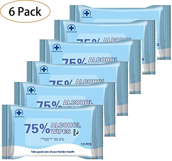 Disinfectant Wipes, 75% Soft Alcohol Wet Wipes for All-Purpose Cleaning (6 Pack, 60 Wipes)