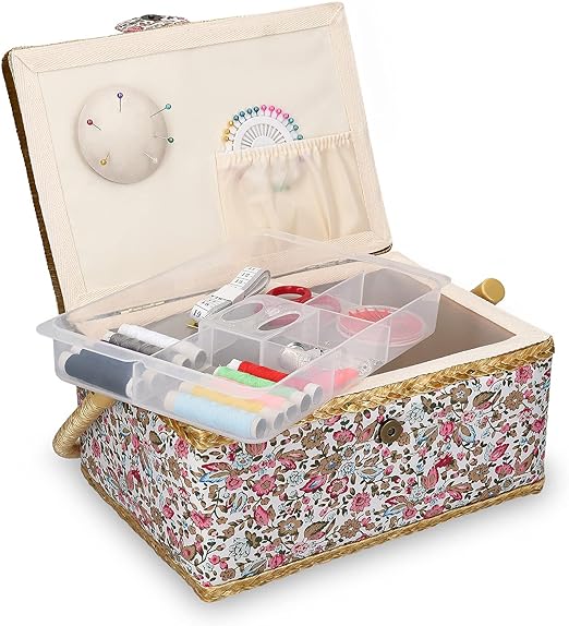 Navaris Sewing Box with Accessories - Sewing Basket with Organiser Tray Compartments 24.5 x 17.5 x 12.5 cm - Includes 76 Piece Kit - Floral Design