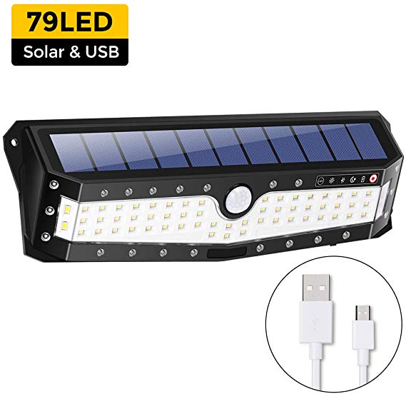 Solar Security Lights Outdoor，79 LED Motion Sensor Super Bright Wall Lights,4 Lighting Modes,Weatherproof , Wide Angle for Yard, Driveway, Garage, Pathway,Garden,Solar and USB Powered