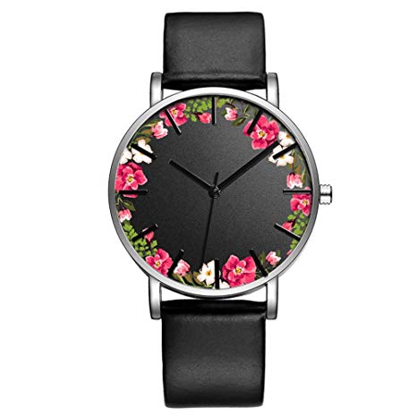 Luxury Flower Face Watches for Women - Simple Dress Watches Butterfly Cactus Flowers Wristwatches Leather Band Watch