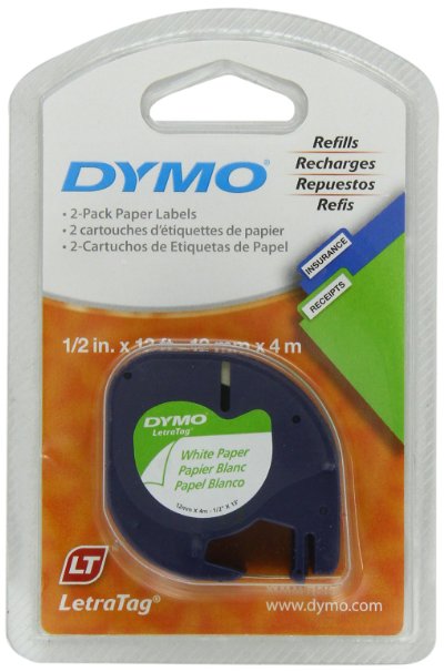 DYMO LetraTag Labeling Tape for LetraTag Label Makers, Black print on White paper tape, 1/2'' W x 13' L, 2 rolls (10697)