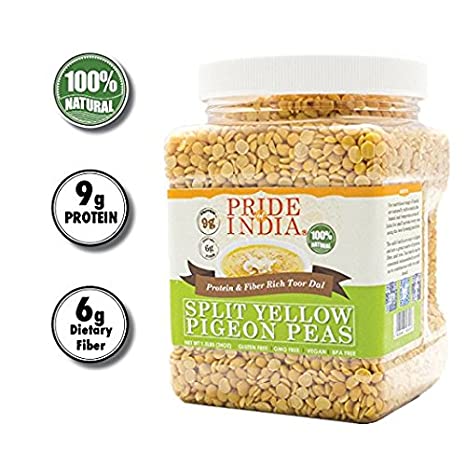 Pride Of India - Indian Split Yellow Pigeon Peas - Protein & Fiber Rich Toor (Arahar) Dal, 3 Pound Jar