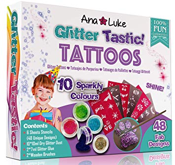 Ana and Luke Glitter Tattoos Kit XL, Mega Fun Party Pack (62 Piece), Face, Body for Girls, Kids, 10 Large Pots of Glitter, 48 Adhesive Stencil Temporary Designs, 2 Glues, 2 Brushes Xmas Birthday