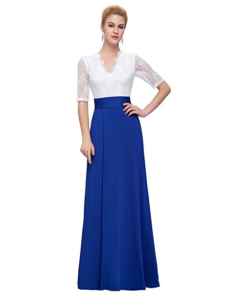 GRACE KARIN Women V-neck Half Sleeve Long Split Lace Evening Dresses