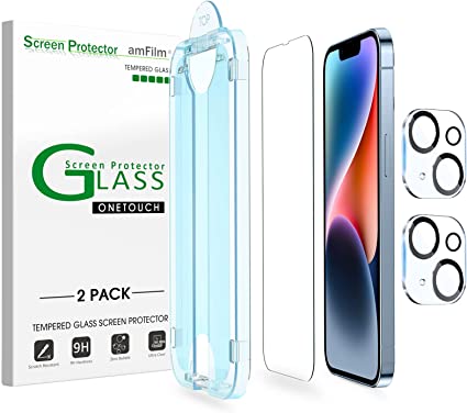 (2 2 Pack) amFilm OneTouch Compatible with iPhone 14(6.1", 2022) Tempered Glass Screen Protector and Camera Lens Protector, Edge to Edge Full Coverage with Easy Installation Kit