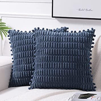 Fancy Homi 2 Packs Dusty Blue Decorative Throw Pillow Covers 18x18 Inch with Pom-poms for Couch Bed Living Room, Farmhouse Boho Home Decor, Soft Corduroy Cute Square Cushion Case 45x45 cm